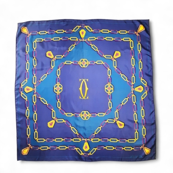 Pristine CARTIER Silk Twill Scarf 90cm Blue Square 35" + Horsebit Scarf Ring - Picture 6 of 12